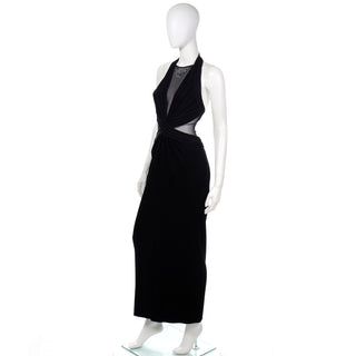 1990s Tadashi Long Black Evening Dress w Sheer Mesh Panels Halter Style