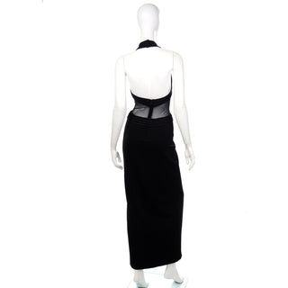 1990s Tadashi Long Black Evening Halter Dress w Sheer Mesh Panels