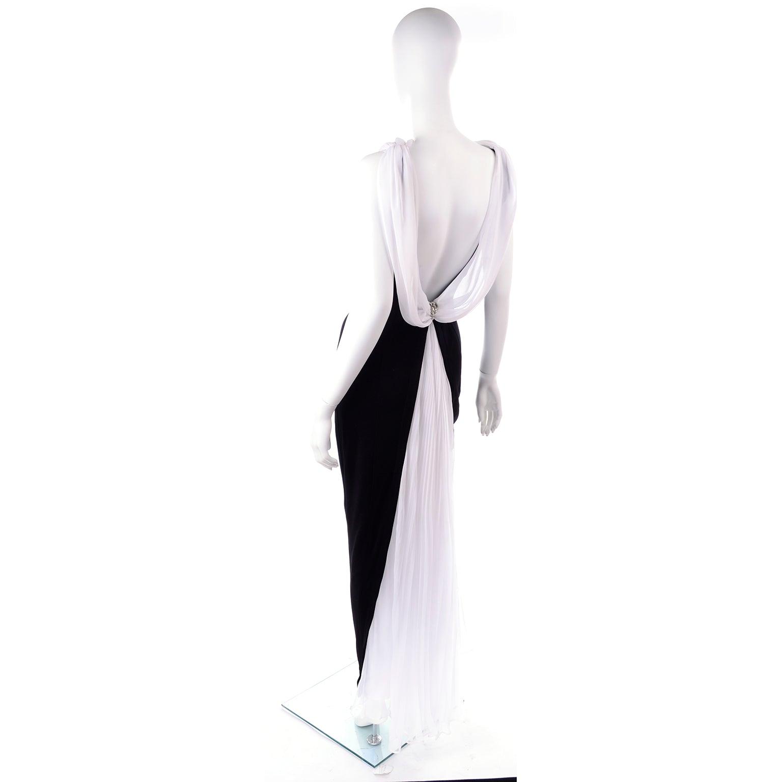 1990s Tadashi Shoji Vintage Black Evening Dress W White Chiffon Drape Low Back