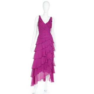 1990s Tadashi Vintage Magenta Purple Silk Ruffled Tiered Vintage Dress