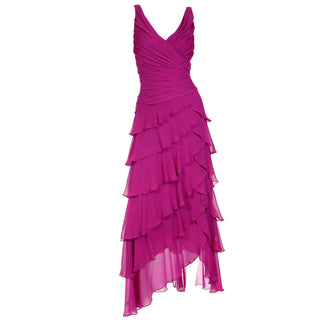 1990s Tadashi Vintage Magenta Purple Silk Ruffled Tiered Dress M/L