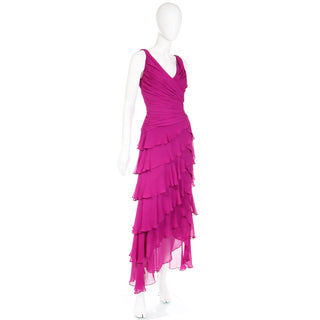1990s Tadashi Vintage Magenta Purple Silk Ruffled Long Tiered Dress