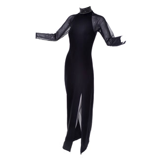1990s Vintage Tadashi Shoji Black Long Evening Dress Sheer Sleeves