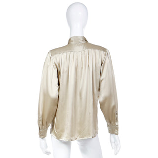 1990s Yves Saint Laurent Pale Green Taupe Silk Blouse w Fringed Sash size M/L