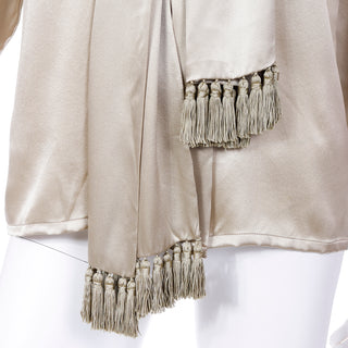 1990s Yves Saint Laurent Pale Green Taupe Silk Blouse w attached Fringed Sash 