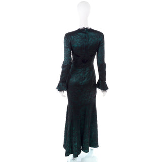 Vintage Thierry Mugler Green Silk Trumpet Evening Dress W Black Velvet Lace