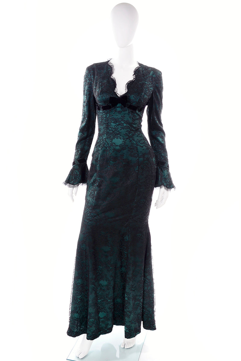 Vintage Thierry Mugler Green Silk Evening Dress w Black Velvet Lace – Modig