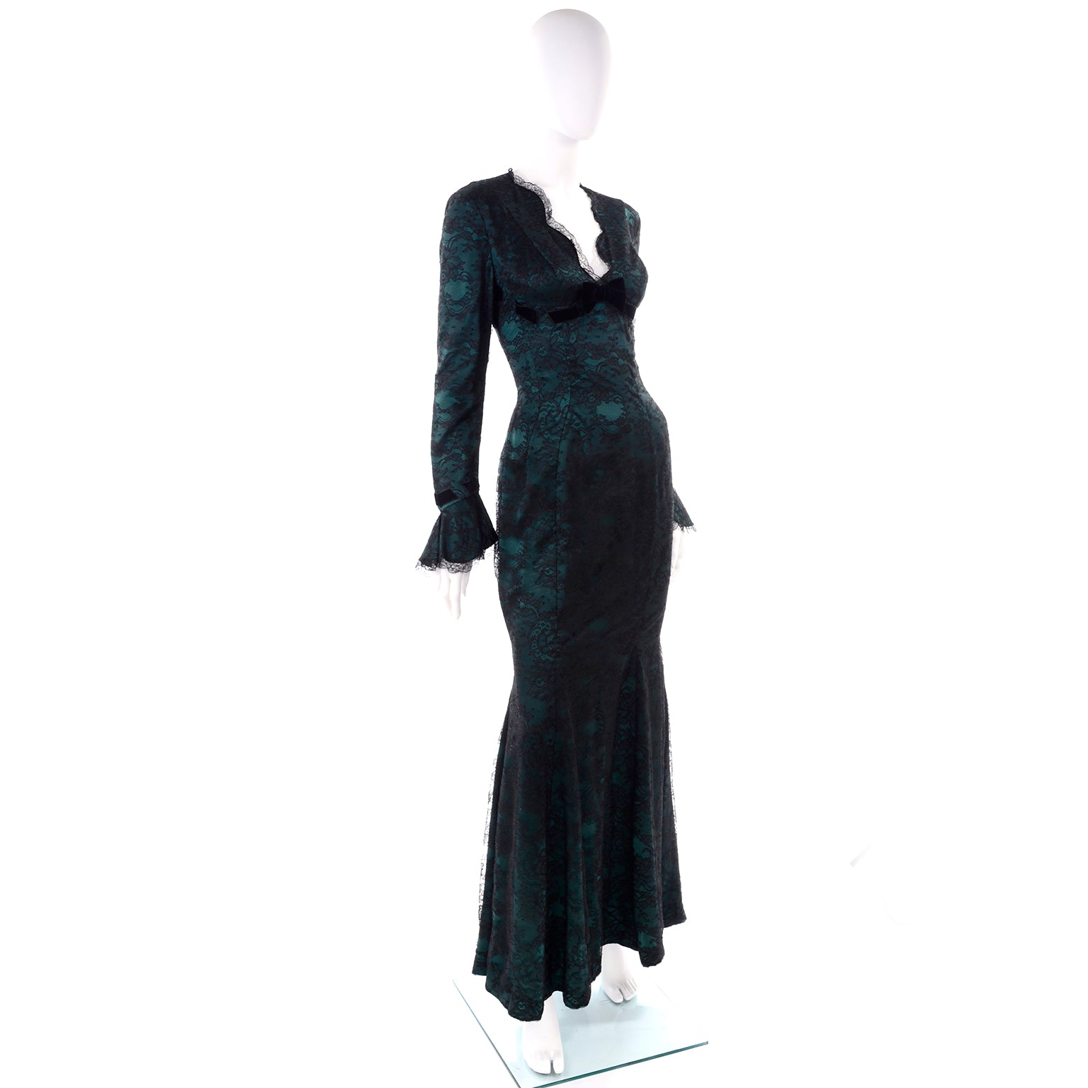 Vintage Thierry Mugler Green Silk Trumpet Evening Dress W Black Velvet Lace Vintage Thierry Mugler Green Silk Trumpet Evening Dress W Black Velvet Lace