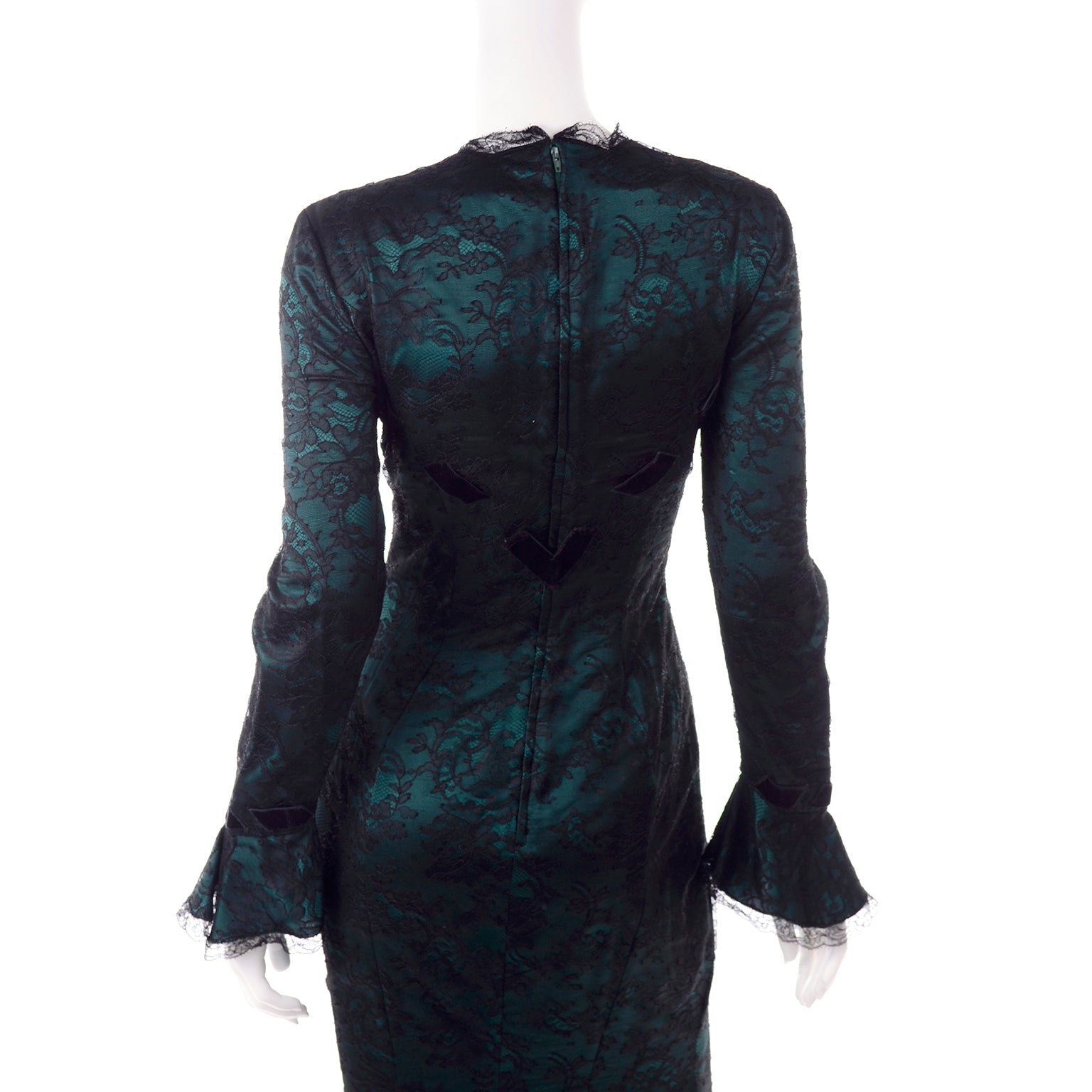 Vintage Thierry Mugler Green Silk Evening Dress w Black Velvet Lace Modig Vintage Thierry Mugler Green Silk Evening Dress w Black Velvet Lace Modig