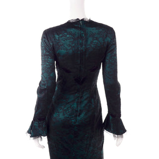 Vintage Thierry Mugler Green Silk Trumpet Evening Dress W Black Velvet Lace