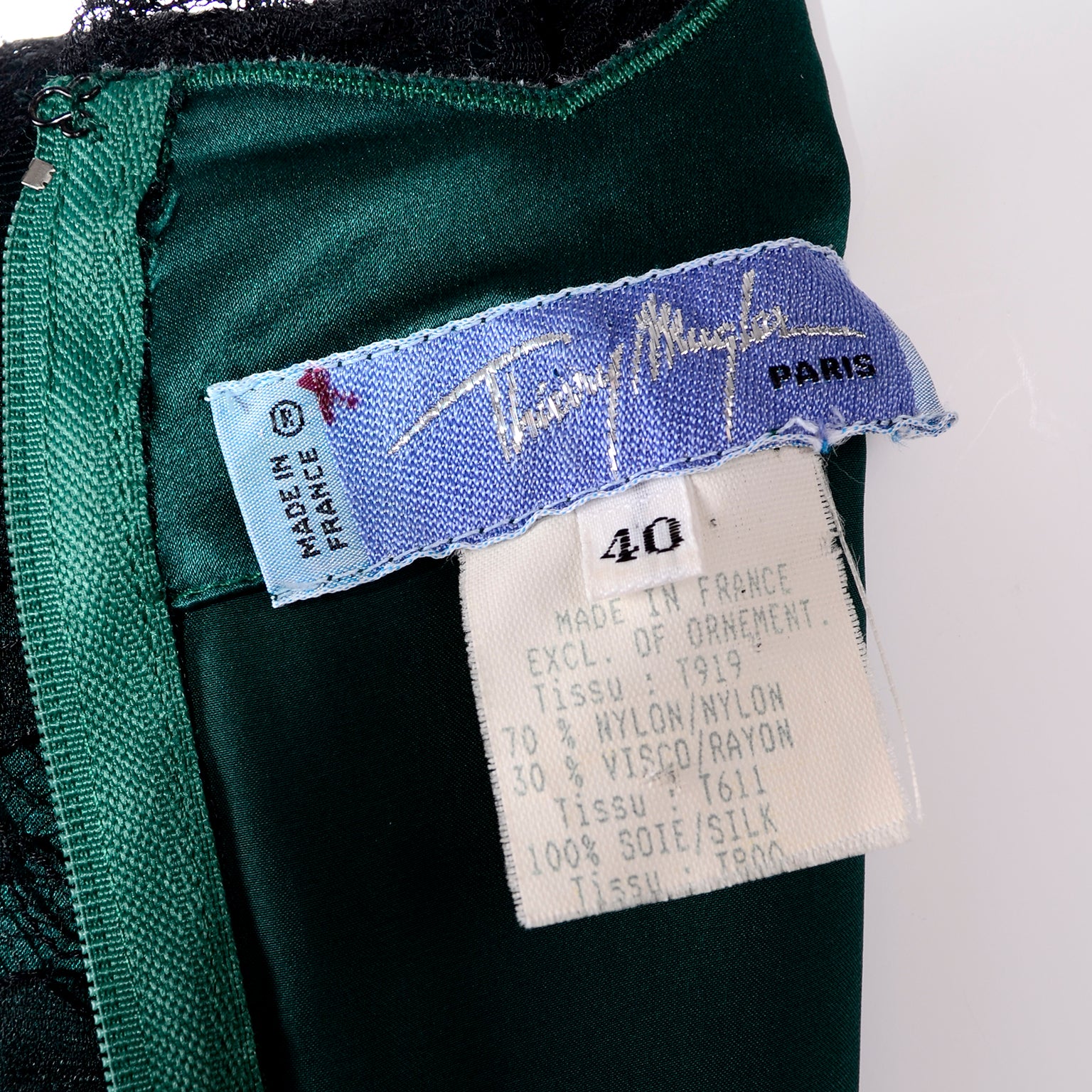 Vintage Thierry Mugler Green Silk Trumpet Evening Dress W Black Velvet Lace Vintage Thierry Mugler Green Silk Trumpet Evening Dress W Black Velvet Lace