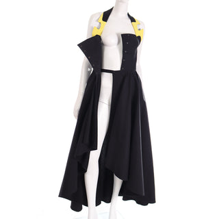 1980s Thierry Mugler Black & Yellow Cotton Halter High Low Wrap Dress