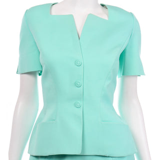 1980s Vintage Thierry Mugler Mint Green Skirt Jacket Suit 