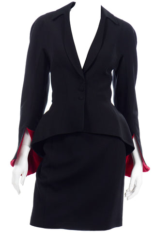 1990s Thierry Mugler Black Jacket w Red Velvet Cuffs & Skirt Suit