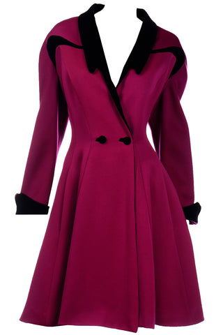 Thierry Mugler Vintage Magenta Pink Princess Coat w Black Velvet Trim