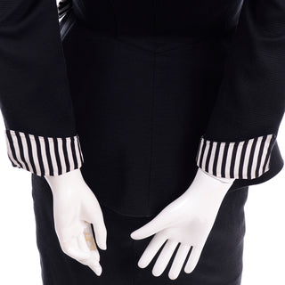 Vintage Thierry Mugler Black Cotton Pique Peplum Jacket & Skirt suit With Stripes and Bows sz XS