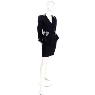 Vintage Thierry Mugler Black Cotton Pique Peplum Jacket & Skirt suit with stripes & Bows