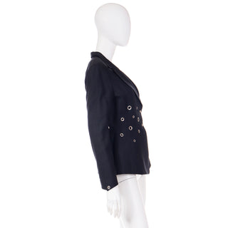 1990s Vintage Thierry Mugler Paris Linen Blend Silver Grommet Black Jacket