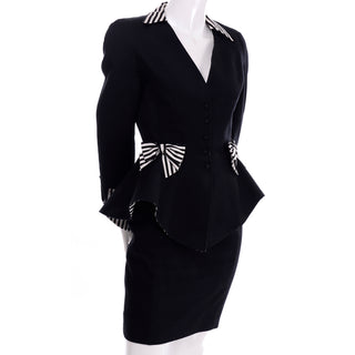 Vintage Thierry Mugler Paris Black Cotton Pique Peplum Jacket & Skirt suit SZ XS