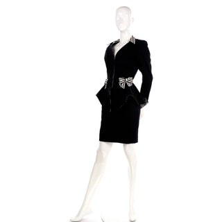 Vintage Thierry Mugler Black Cotton Pique Peplum Jacket & Skirt suit with stripes