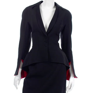 1990s Thierry Mugler Black Jacket w Red Velvet Cuffs & Skirt Suit 90s