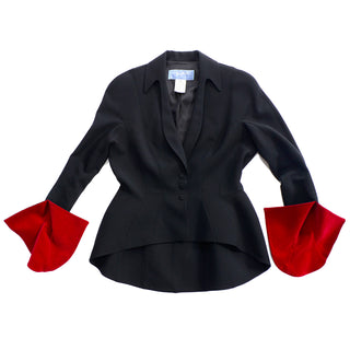 1990s Thierry Mugler Black Jacket w Red Velvet Cuffs & Skirt 2 pc Suit