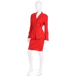 Rare 1990s Thierry Mugler Deadstock Cherry Red Jacket and Skirt Suit w Tags