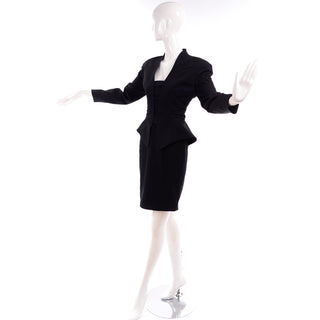 1990s Thierry Mugler Vintage black wool ribbed peplum jacket and skirt