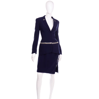 Vintage Navy Blue Thierry Mugler Skirt JAcket Suit with Chain Detail M