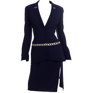 Thierry Mugler Vintage Navy Blue Skirt Suit w Chain Jacket