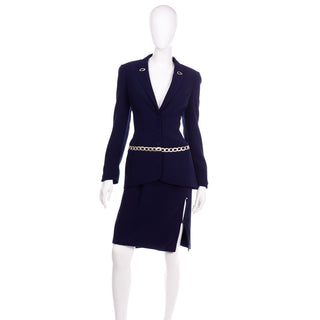 Vintage Navy Blue Thierry Mugler Skirt JAcket Suit with Chain Detail