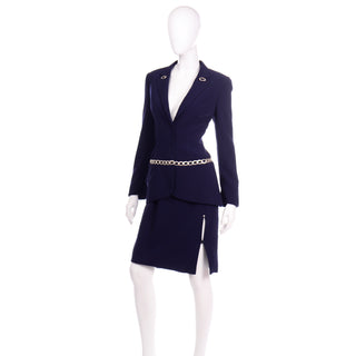 Vintage Navy Blue Thierry Mugler Skirt and jacket Suit with Chain Detail