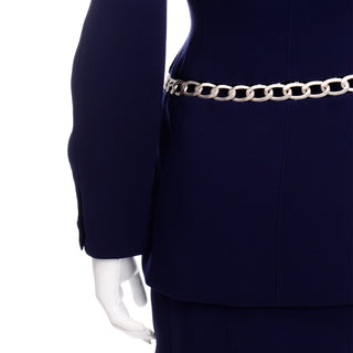 Vintage Navy Blue Thierry Mugler Skirt JAcket Suit with Silver Chain Link Detail