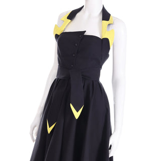 Iconic 1980s Thierry Mugler Black & Yellow Cotton Halter High Low Dress