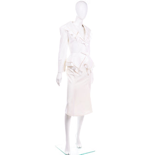 1980s Thierry Mugler Vintage Ivory Linen Blend Skirt & Jacket Suit Ruffles Cutwork