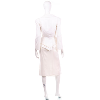 1980s Thierry Mugler Vintage Ivory Linen Blend Skirt & Jacket Suit with ruffles & Cutwork