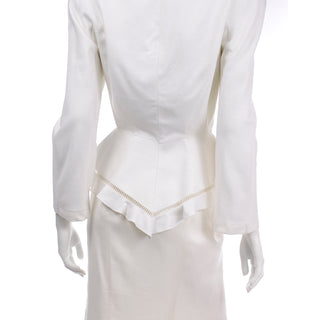 1980s Thierry Mugler Vintage Ivory Linen Blend Skirt & Jacket Suit cutwork and ruffle