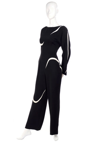 Thierry Mugler Black Jumpsuit w/ White Abstract Swirls Size 6