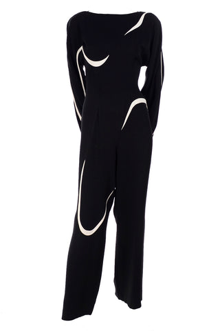 Thierry Mugler Black Jumpsuit w/ White Abstract Swirls Size 6