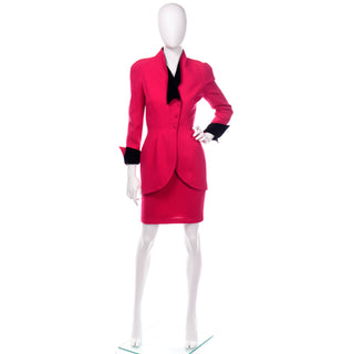 Thierry Mugler Vintage Strawberry Red Skirt & Jacket Suit w Black Trim