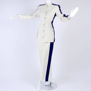 White linen Thierry Mugler pant suit with navy stripe on side
