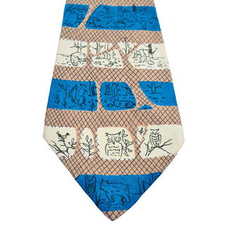 Cross hatch and drawn animals striped Tina Leser vintage silk men's tie