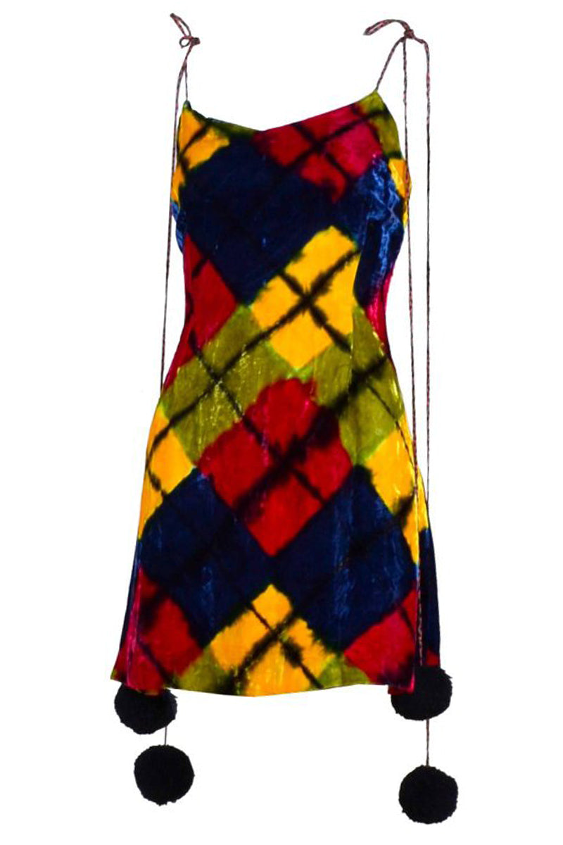 F/W 1994/95 Todd Oldham Velvet Argyle Mini Dress w/ Pom Pom Straps