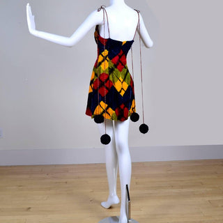 Argyle velvet mini dress with pom pom straps by Todd Oldham