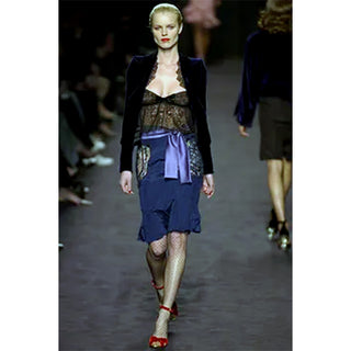 YSL 2003 Tom Ford YSL Yves Saint Laurent Blue Pleated Skirt W Sheer Lace