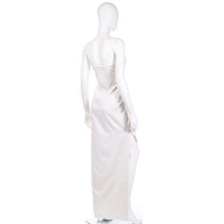 2001 Tom Ford Yves Saint Laurent Strapless Ivory Silk Evening Dress with Black Feathers
