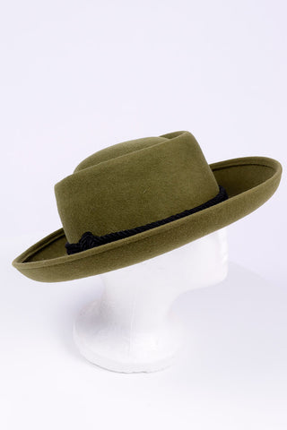 1990's Olive Green Felt Wool Structured Boater Gambler Hat