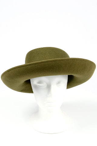 1990's Olive Green Felt Wool Structured Boater Gambler Hat