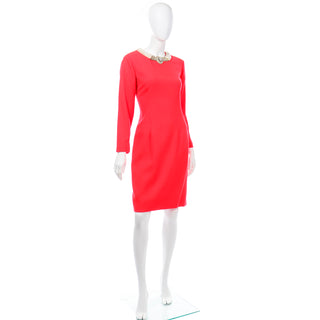 Vintage Travilla Red Evening Dress w Rhinestone & Pearl Collar
