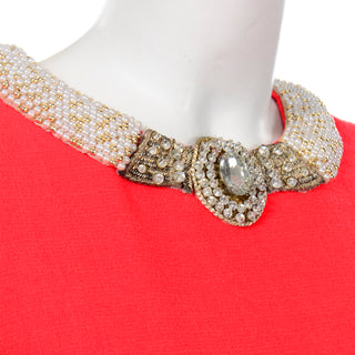 Vintage Travilla Red Evening Dress w Jeweled Rhinestone & Pearl Collar Saks Fifth Avenue